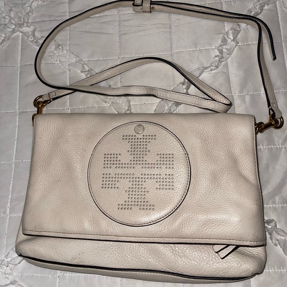 TORY BURCH BEIGE FOLD OVER SHOULDER BAG